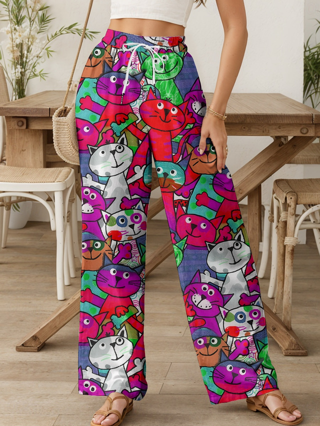  Women's Wide Leg Chinos Baggy Pants Vacation Vintage Fashion Full Length High Waist Graphic Animal Cat Printing Soft Breathable Micro-elastic Formal Outdoor Vacation Yellow Red Blue Purple Summer