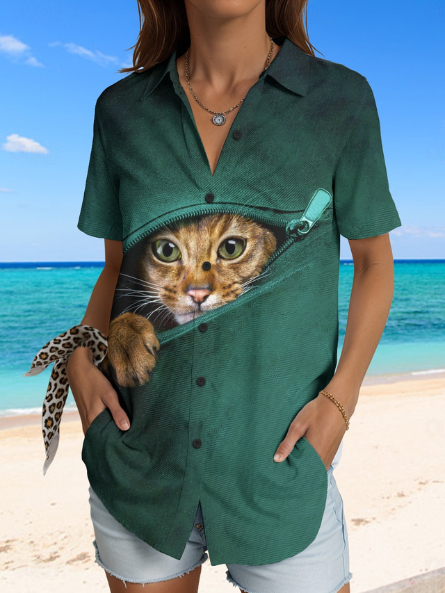 Women's Shirt Long Sleeve Button Down Blouse Graphic Animal Cat Vintage Tropical Daily Sleeveless Short Sleeve Shirt Collar Regular Tops Daily Black And White Black White Dusty Blue Green
