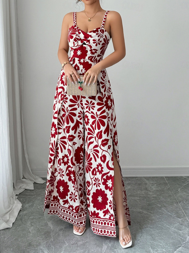  Women's Normal Jumpsuit Elegant Floral Sleeveless Wide Leg V Neck High Waist Print Vacation Daily Regular Fit Black Red Navy Blue Summer