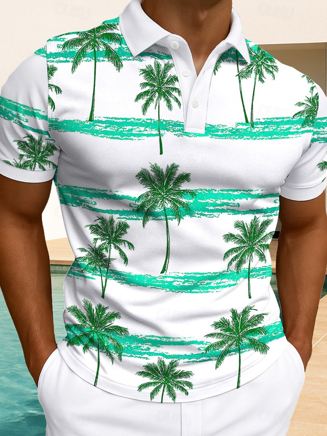  Men's Palm Tree Polo Hawaiian Polo Shirts Short Sleeve Polo Shirts Collared Shirts Casual Resort Daily Wear Home Wear Vacation Wear 3D Print Buttons Summer White Light Green Blue