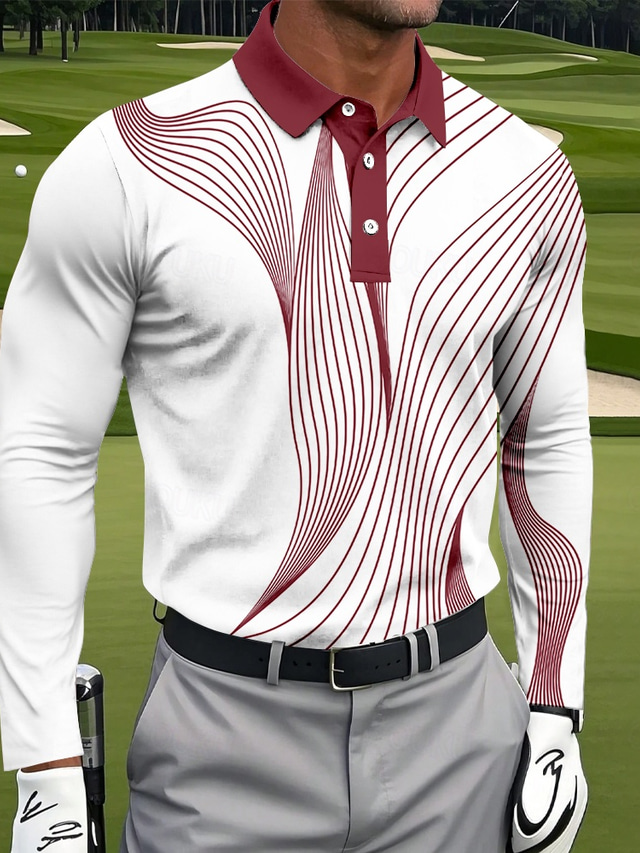  Men's Geometic Line Polo Long Sleeve Polo Shirts Collared Shirts Sportswear Casual Outdoor clothing Daily Wear 3D Print Spring Fall Winter Black Red Blue