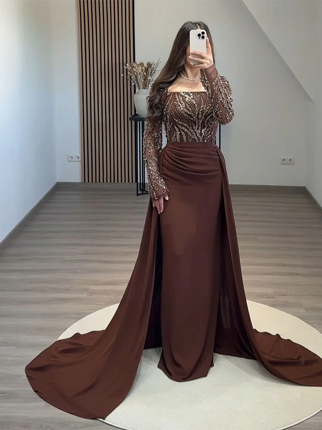  Black Tie Beased Lace Sheath / Column Evening Gown Detachable Overskirt Elegant Dress Formal Wedding Sweep / Brush Train Long Sleeve Square Neck Sequined with Ruched Pearls 2025