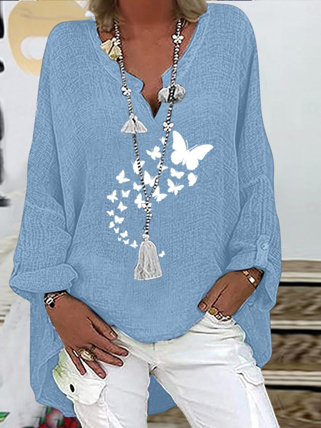  Women's Cotton Shirts Butterfly Basic Casual Long Sleeve V Neck Regular Tops Daily Print Black Navy Blue Sky Blue Summer Spring Fall