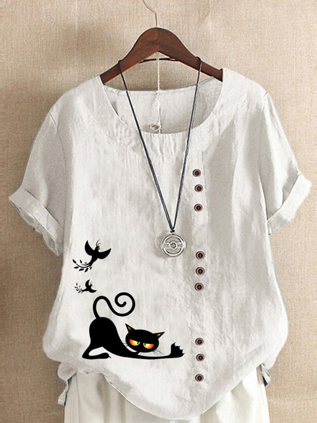  Women's Cotton Linen Shirts Animal Cat Elegant Vintage Tropical Short Sleeve Crew Neck Regular Tops Daily Holiday Vacation Wear Buttons Grass Green White Yellow Army Green Navy Blue Summer Spring
