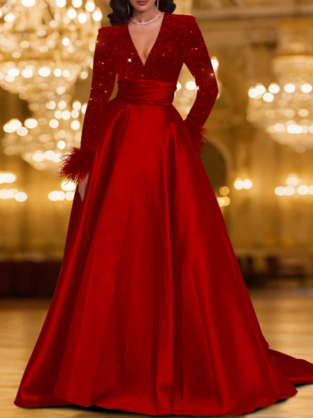  Black Tie A-Line Evening Gown Elegant Dress Carnival Formal Floor Length Long Sleeve V Neck Pocket Satin with Feather Sequin