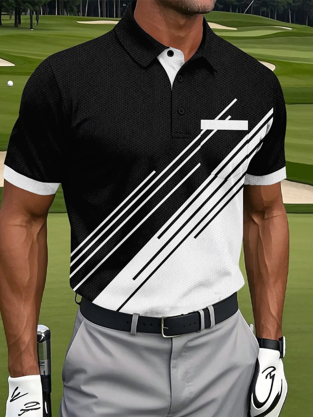  Men's Geometic Line Polo Short Sleeve Polo Shirts Collared Shirts Sportswear Casual Outdoor Athleisure Daily Wear Pocket 3D Print Buttons Summer Black Navy Blue Blue