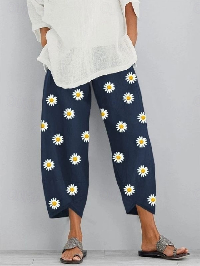  Women's Slacks Pants Trousers Vacation Vintage Ethnic Style Ankle-Length High Waist Graphic Abstract Geometic Elastic Waistband Comfy Breathability Soft Inelastic Outdoor Street Daily Dark Gray Black