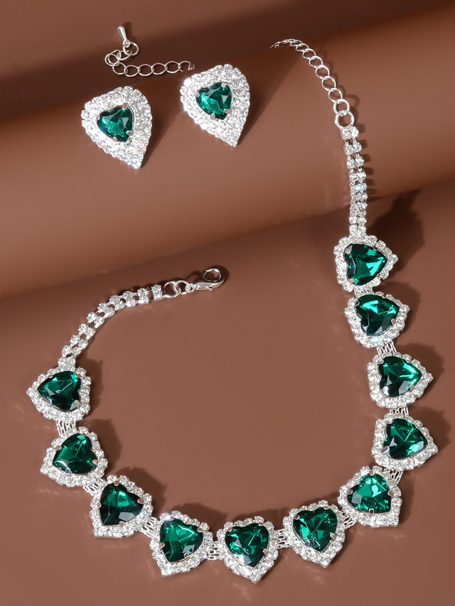  Women's Red Heart Crystal Necklace and Earrings Set - Elegant Silver-Plated Jewelry for Weddings, Parties, and Formal Events