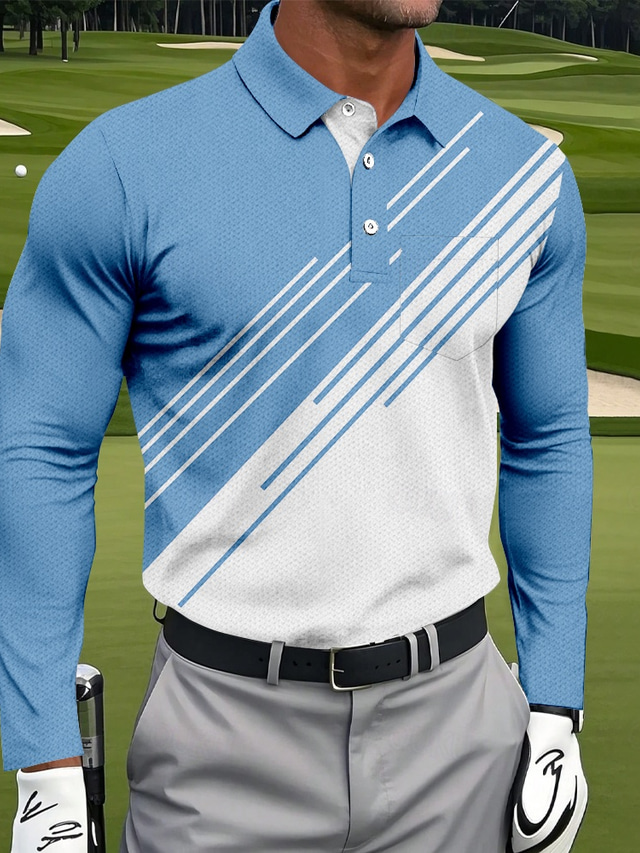  Men's Geometric Golf Polo Long Sleeve Polo Shirts Collared Shirts Sportswear Business Casual Athleisure Daily Wear Pocket 3D Print Buttons Spring Fall Black Red Navy Blue