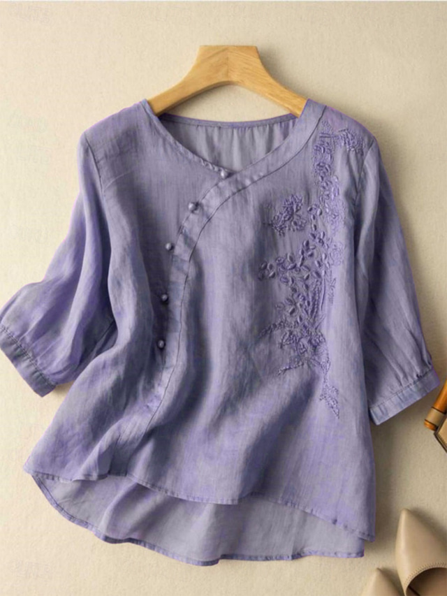  Per donna Camicia Blusa Camicie di cotone e lino Tinta unica Elegante Casual Manica 3/4 Girocollo Top Regolari Quotidiano Ricamato Bottoni Giallo Rosso Viola Verde Estate Primavera