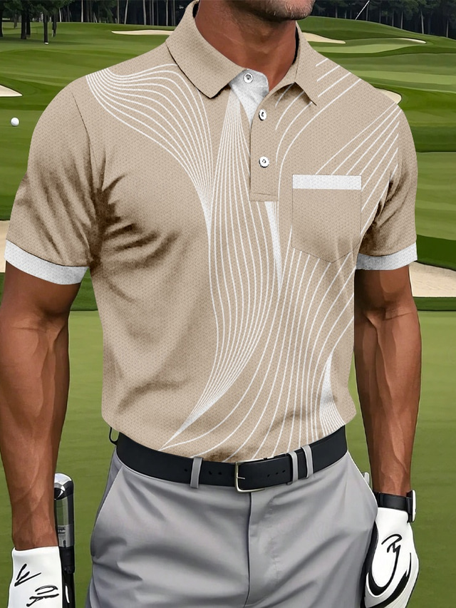  Herr Geometrisk Linje Polo Sport pikétröjor Kortärmad Polotröjor Skjortor med krage Sportkläder Ledigt Utomhus Fritids- Dagliga kläder Ficka 3D-utskrift Knappar Sommar Blå Brun Grön