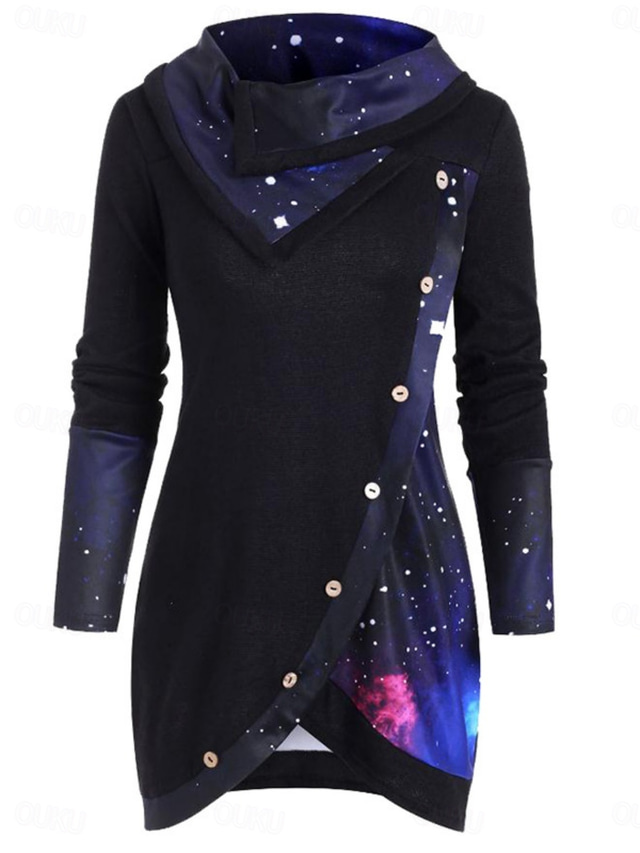  Women's Blouse Ombre Stylish Casual Long Sleeve Cowl Neck Long Tops Daily Buttons Print Black Purple Green Spring Fall Winter