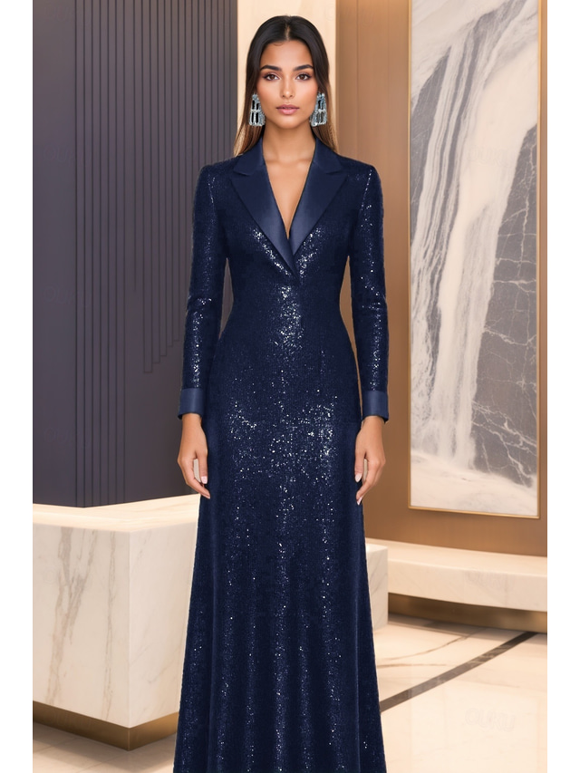  Black Tuxedo Dress A-Line Evening Gown Blazer Dress Formal Wedding Floor Length Long Sleeve V Neck Satin Peak Lapel with Stretch Sequin 2025