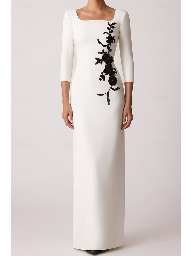 Black and White Sheath / Column Evening Gown Elegant Dress Formal Wedding Floor Length 3/4 Length Sleeve Square Neck Stretch Crepe with Floral Beaded Lace 2025