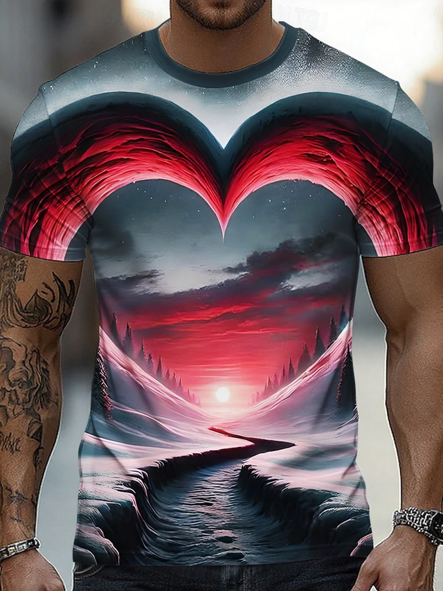  Valentine's Day Men's Optical Illusion 3D T Shirt Short Sleeve T shirt 3D Print Crew Neck Crewneck Shirt Exaggerated Designer Party Street Casual Red Blue Summer Spring All Seasons Clothing Apparel S