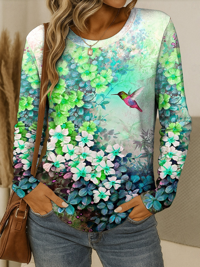  Women's T Shirt Floral Graphic Bird Vintage Stylish Classic Long Sleeve Crew Neck Round Neck Regular Tops Daily Weekend Print Yellow Red Blue Purple Green Summer Spring Fall