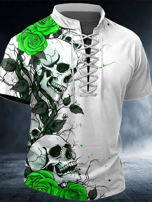  Halloween Men's Skull Rose Henley Shirt T shirt Tee Short Sleeve T shirt 3D Print Crew Neck Lace Up Neck Henley Shirt Fashion Daily Basic Street Sports Outdoor Casual Red Blue Purple Summer Spring