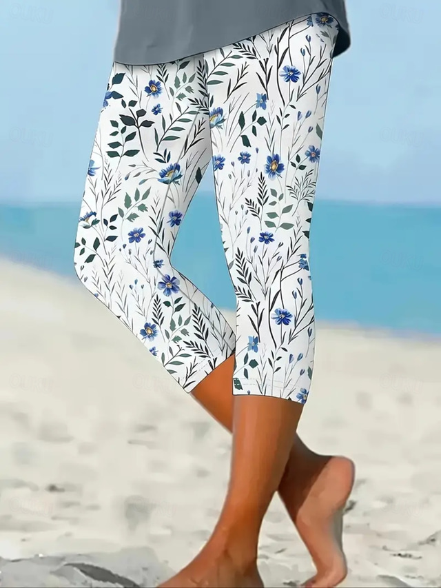 Women's Capri Pants Leggings Vacation Vintage Ethnic Style Calf-Length High Waist Floral Graphic Comfy Quick Dry Breathability Stretchy Outdoor Vacation Causal Blue Summer Spring Skinny
