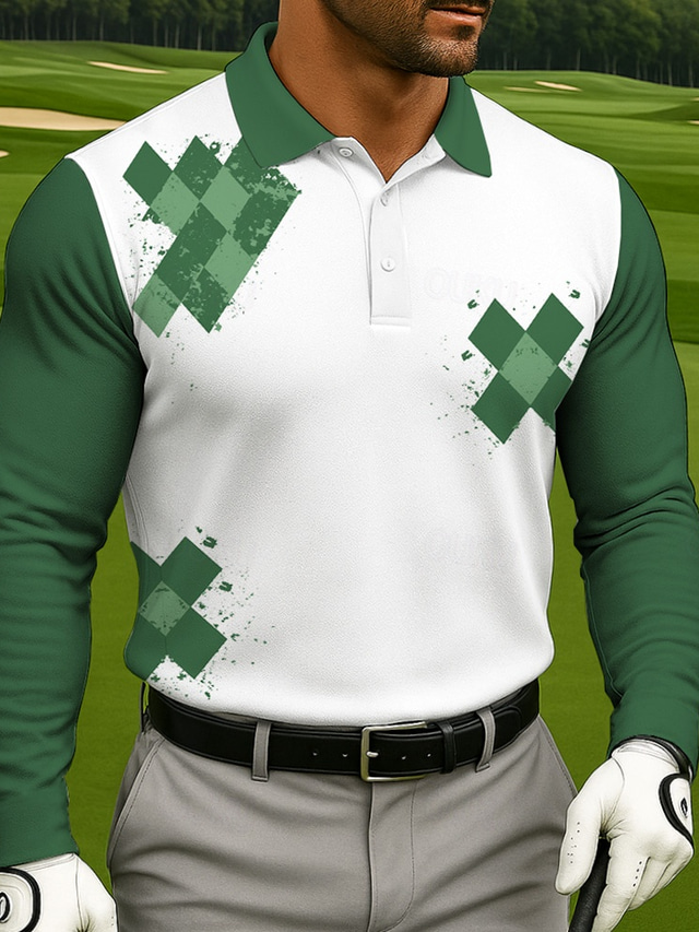  Men's Geometric Golf Polo Sports Polo Shirts Long Sleeve Polo Shirts Collared Shirts Casual Sports 3D Print Spring Fall Black Blue Purple