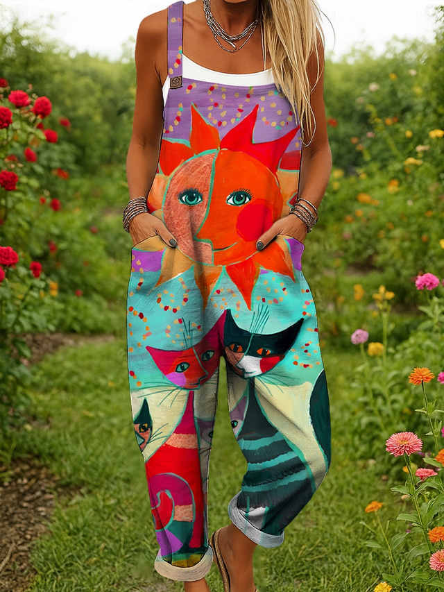  Women's Dungarees Active Graphic Sleeveless Wide Leg Print Vacation Street Loose Fit Yellow Red Blue Summer