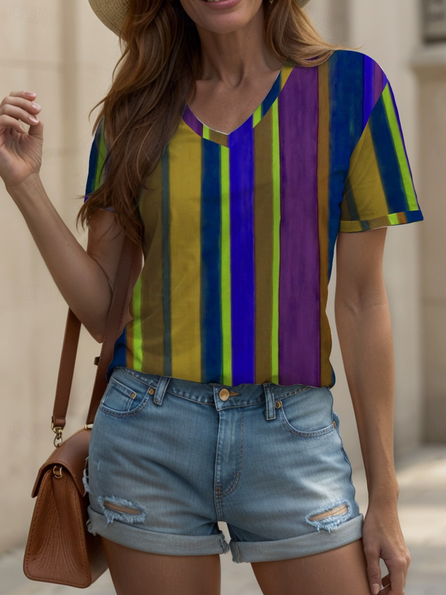  Women's T Shirt Graphic Geometric Striped Vintage Stylish Classic Short Sleeve V Neck Regular Tops Daily Print Yellow Red Blue Purple Green Summer Spring