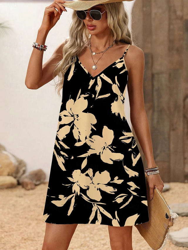  Women's Mini Dress Sundress A Line Dress Summer Dress Slip Dress Vacation Casual Outdoor Party Daily Regular Fit Floral Graphic Abstract Sleeveless V Neck Black Summer Spring
