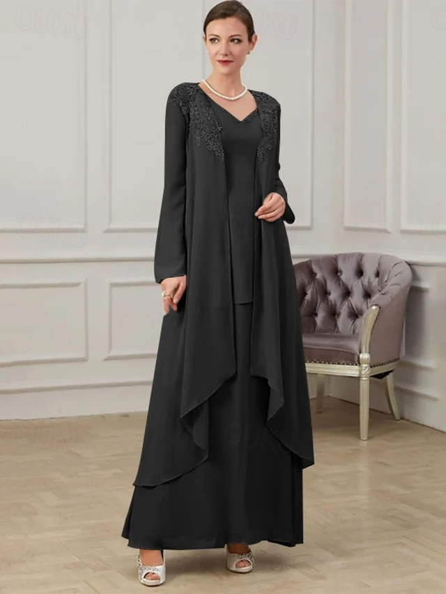  Two Piece Mother of the Bride Dress Formal Wedding Guest Floor Length Long Sleeve V Neck Chiffon with Ruffles Appliques 2025