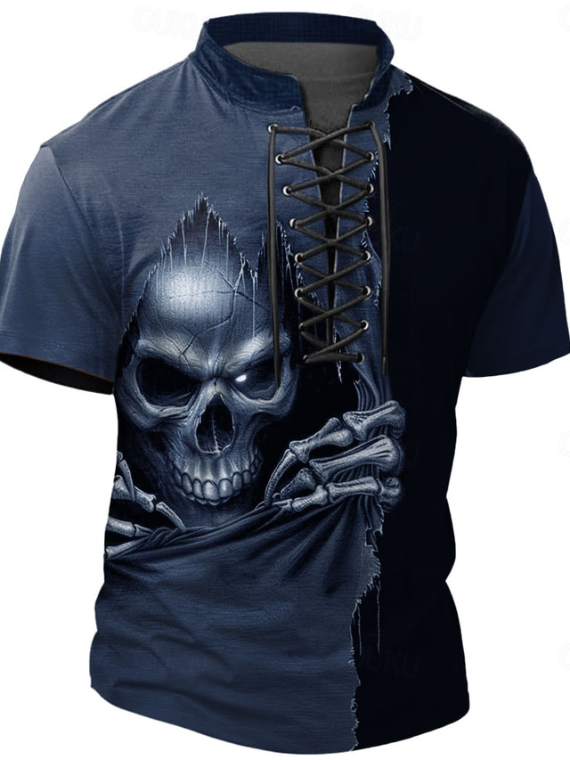  Halloween Men's Reaper Henley Shirt T shirt Tee Short Sleeve T shirt 3D Print Crew Neck Stand Collar Lace Up Neck Shirt Casual Street Sports Outdoor Casual Black Blue Brown Summer Spring All Seasons