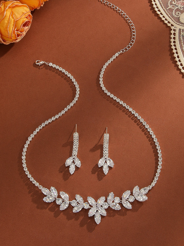  Women's Crystal Leaf Necklace and Dangle Earrings Set - Elegant Zircon Jewelry for Evening Parties and Formal Events