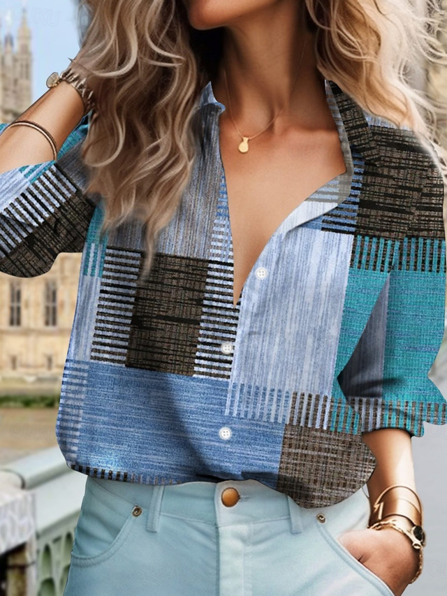  Women's Shirt Button Down Blouse Plaid Stylish Casual Long Sleeve Shirt Button Down Blouse Collar Regular Tops Daily Buttons Print Red Blue Green Khaki Summer Spring