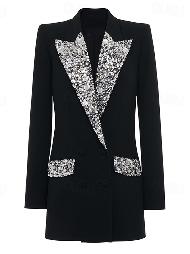  Couture Style Crystal-embellished Double Breasted Blazer Mini Tuxedo Dress Sheath / Column Evening Gown Elegant Dress Formal Evening Party Peak Lapel and Pockets