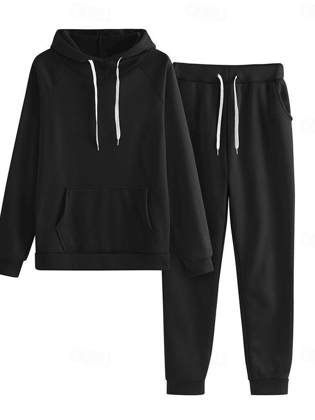  Women's Fashion Streetwear Daily Pants Sets Long Sleeve Hooded Solid Color Casual Daily Black Pink Red Summer Regular Fit