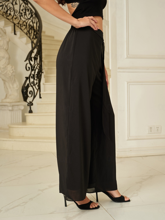  Women's Culottes Wide Leg Pants Trousers Elegant Full Length Medium Waist Plain Elastic Waist Micro-elastic Formal Office Dailywear Black Summer Spring Fall Loose Fit