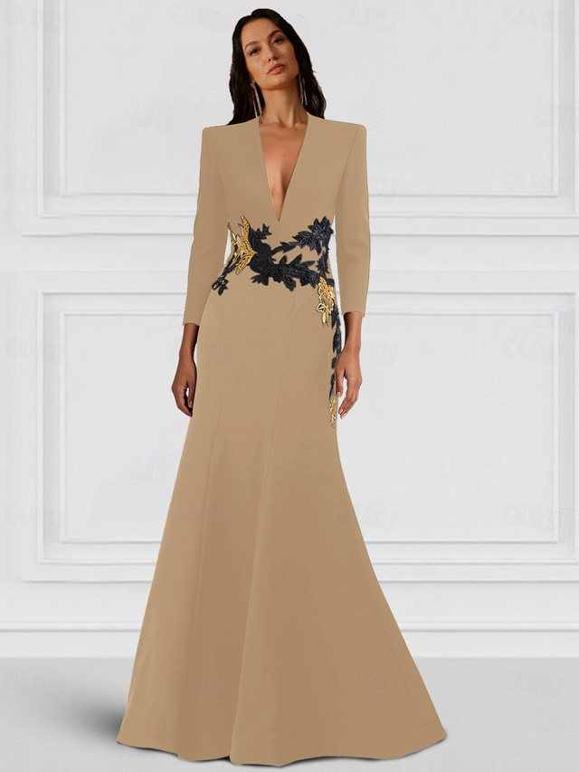  Black Tie Mermaid Long Sleeve V Neck Stretch Crepe Gown Cocktail Dresses Elegant Formal Wedding Floor Length  with Glitter