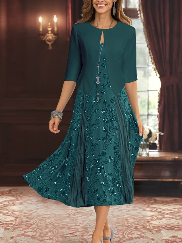  To-delt A-line Mor til bruden kjole Elegant Enkel Luksuriøs V-hals Te-lengde Midi-lengde Perleblonde Chiffon med stretch krepsjakke