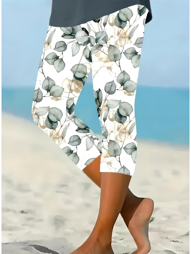  Women's Leggings Capri Pants High Elasticity Vacation Fashion Hawaiian Ankle-Length Mid Waist Floral Printing Thermal Warm Breathable Soft  Vacation Casual Daily Gray Green Summer Spring Regular Fit