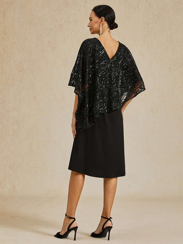  Γυναικεία Μήκος τσαγιού Φορέματα σιφόν Κομψό Πάρτι Συμπαγές Χρώμα Μισό μανίκι Λαιμόκοψη V Μαύρο