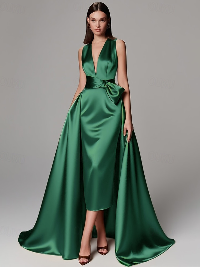  Abito da sera elegante a trapezio color oro e verde, abito formale da sposa, lungo fino al pavimento, senza maniche, scollo a V, abito da madre della sposa color champagne, in raso elasticizzato con