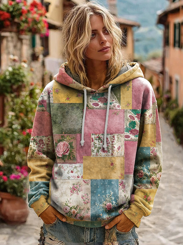  Women's 3D Print Vintage Boho Hoodie Patchwork Hoodie Sweatshirt Floral Pullover Sweatshirt Oversized Warm Active Hooded Street Dailywear Patchwork Black White Yellow Dark Pink Spring Fall Winter