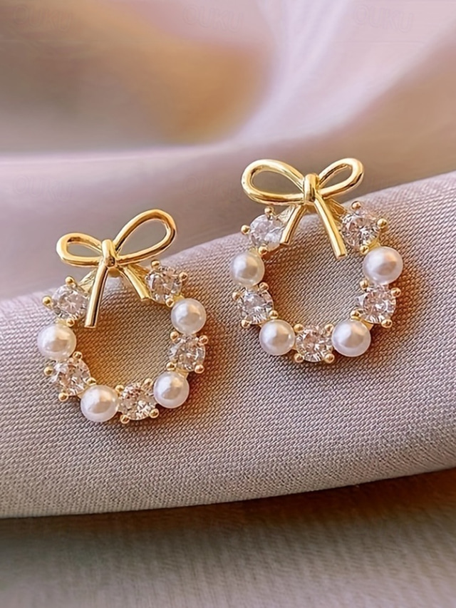  Women's Pearl Bow Earrings – Elegant Wreath Studs with Crystal Accents, Fashion Jewelry for Ladies & Christmas Gift