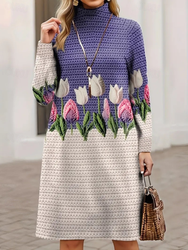  Women's Sweater Dress Mini Dress Shift Dress A Line Dress Vacation Party Casual Home Casual Daily Loose Fit Graphic Tribal Abstract Long Sleeve Turtleneck Purple Green Spring Fall Winter