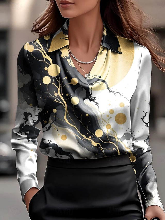  Women's Shirt Ombre Floral Graphic Elegant Stylish Basic Long Sleeve Cowl Neck Regular Tops Work Party Evening Wear Daily Ruched Draped Black White Navy Blue Fall Winter