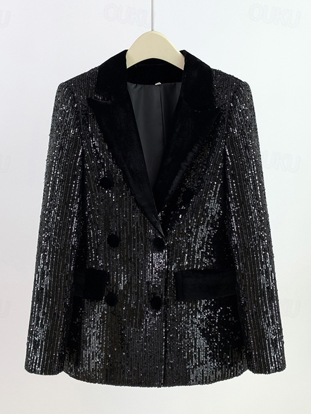  Women's Blazer Sport Coat Formal Wedding Guest Evening Party Sequin Elegant Sparkle Long Sleeve Peak Lapel Double Breasted