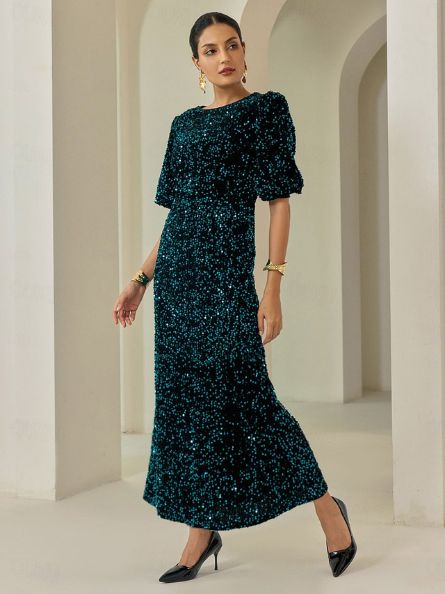  ベロアのスパンコールのパフスリーブがキラキラ輝くエレガントなマキシドレス