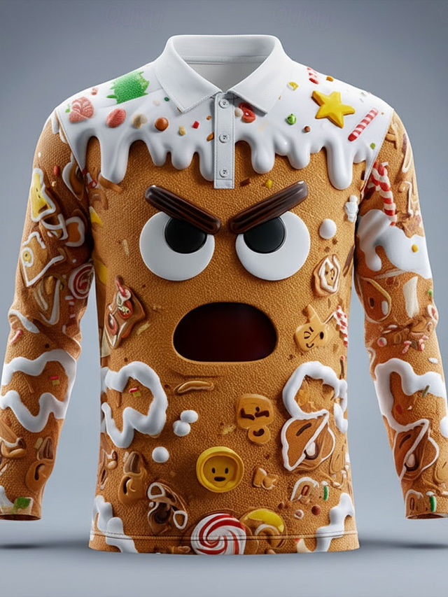  Christmas Men's Gingerbread Polo Long Sleeve Polo Shirts Lapel Casual Outdoor Athleisure Daily Wear 3D Print Buttons Spring Fall Winter Brown 1 Brown 2 Brown 3
