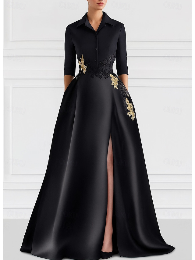  A-Line Floor Length Shirt Dress Formal Dress Evening Gown Half Sleeve Shirt Collar Elegant Formal Wedding Guest Satin Mother of the Bride Dress with Split Front
