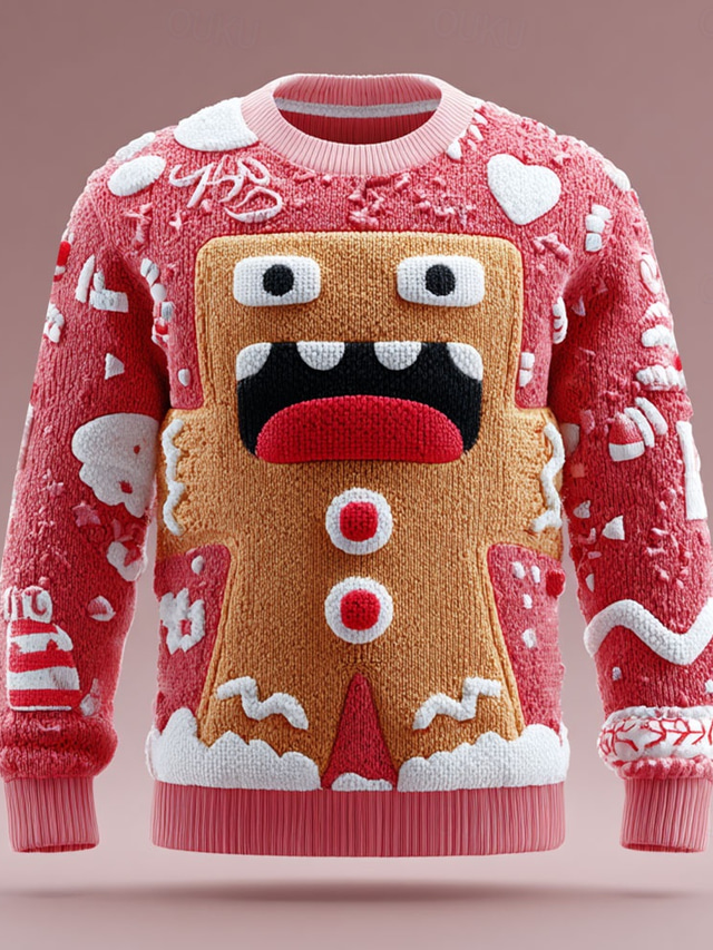  Ugly Christmas Sweater Men's 3D Print Gingerbread Pullover Sweater Jumper Knitwear Crewneck Casual Christmas Vacation Daily 3D Print Keep Warm Long Sleeve Spring Fall Winter Red -1 Red -2 Brown