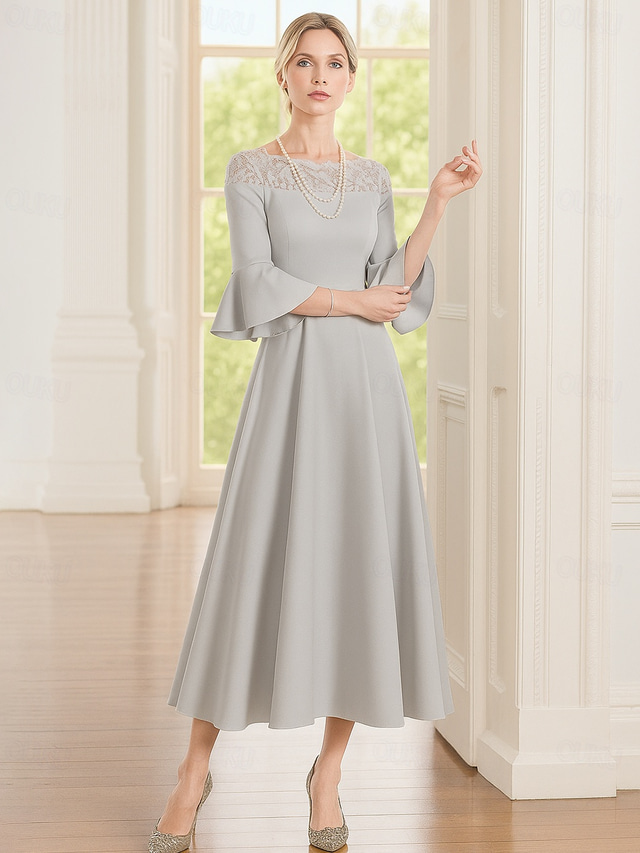  A-Line Ankle Length Party Dress Cocktail Dress 3/4 Length Sleeve Crew Neck Elegant Formal Lace Polyester Mother of the Bride Dress with Lace