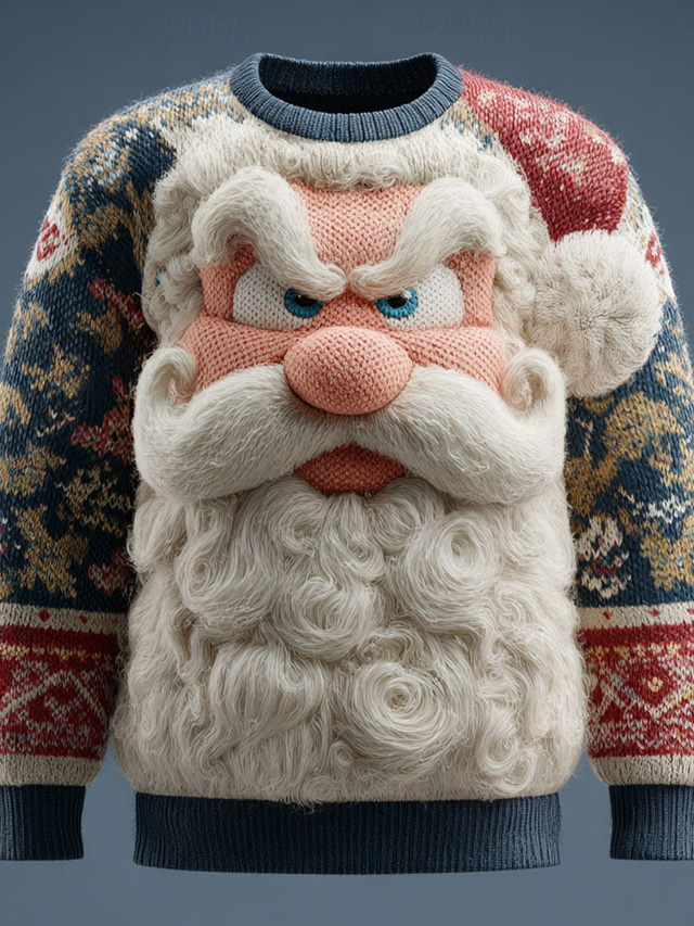  Ugly Christmas Sweater Men's Santa Claus 3D Print 3D Cartoon Pullover Sweater Jumper Knitwear Crewneck Casual Vacation Daily Festival 3D Print Keep Warm Long Sleeve Spring Fall Winter White Blue Green