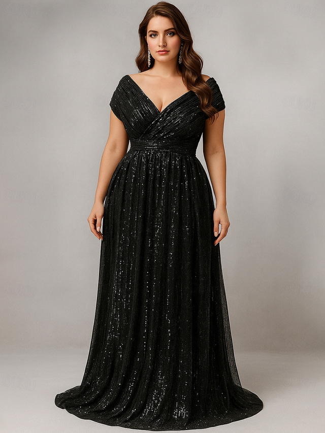  A-Line Floor Length Formal Dress Evening Gown Short Sleeve V Neck Elegant Vintage Luxurious Spandex Polyester Mother of the Bride Dress with Sequin